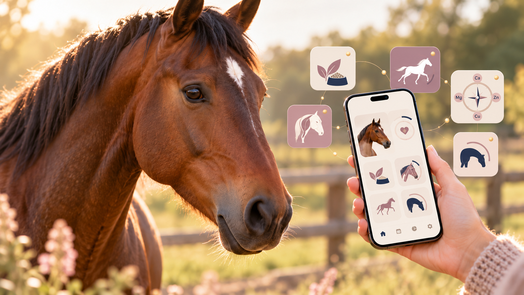 Pferd im warmen Sonnenlicht neben einem Smartphone mit symbolischen Apps für Pferdegesundheit, Fütterung und Bewegung