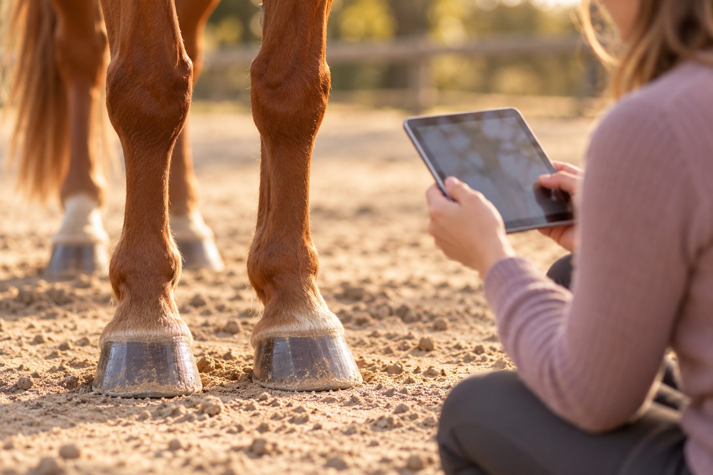Ein Pferd steht auf trockenem Paddockboden; im Vordergrund hält eine Frau ein Tablet